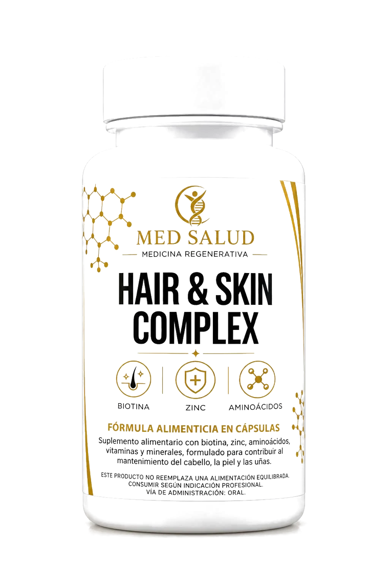 Frasco de Hair and Skin Complex de MedSalud, 30 cápsulas